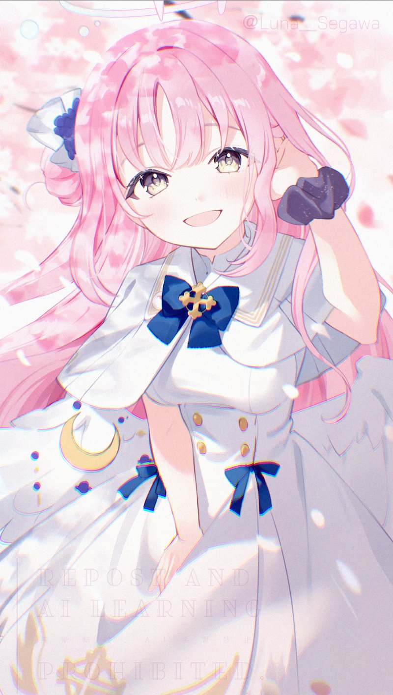 1girl, angel_wings, blue_archive, blue_bow, blurry, blurry_background, blurry_foreground, bow