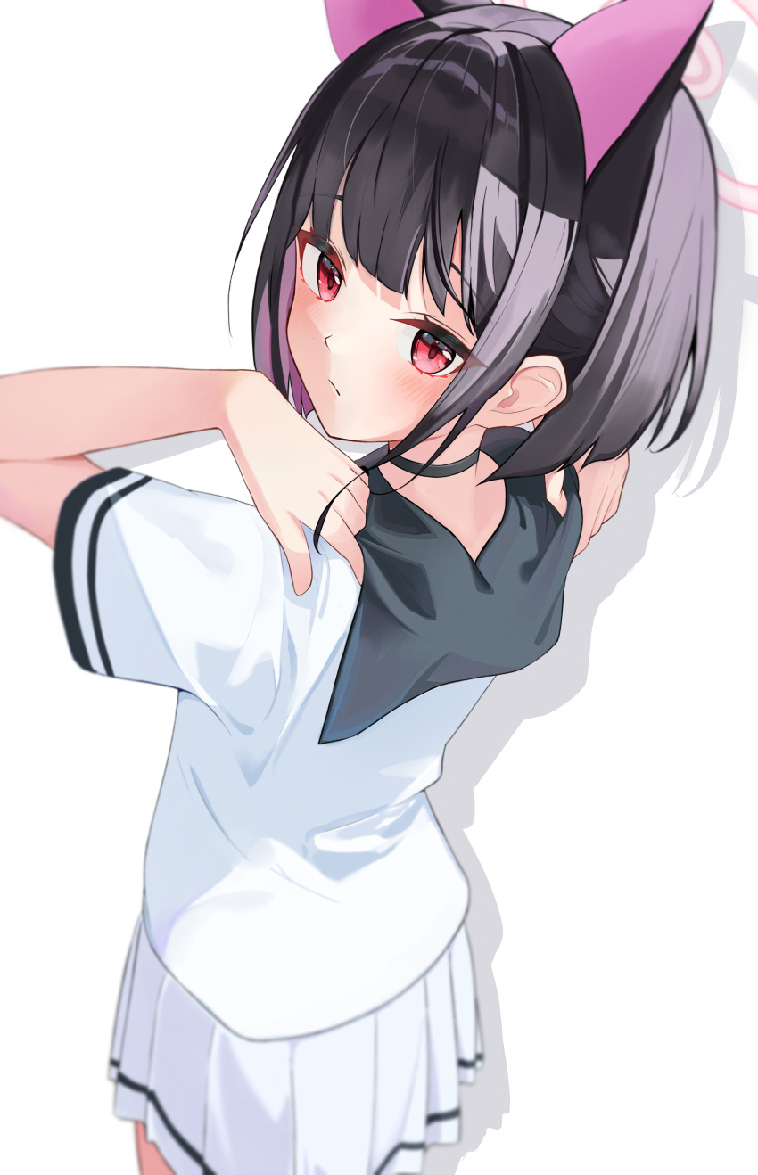 1girl, absurdres, black_hair, black_sailor_collar, blue_archive, blush, bob_cut, closed_mouth