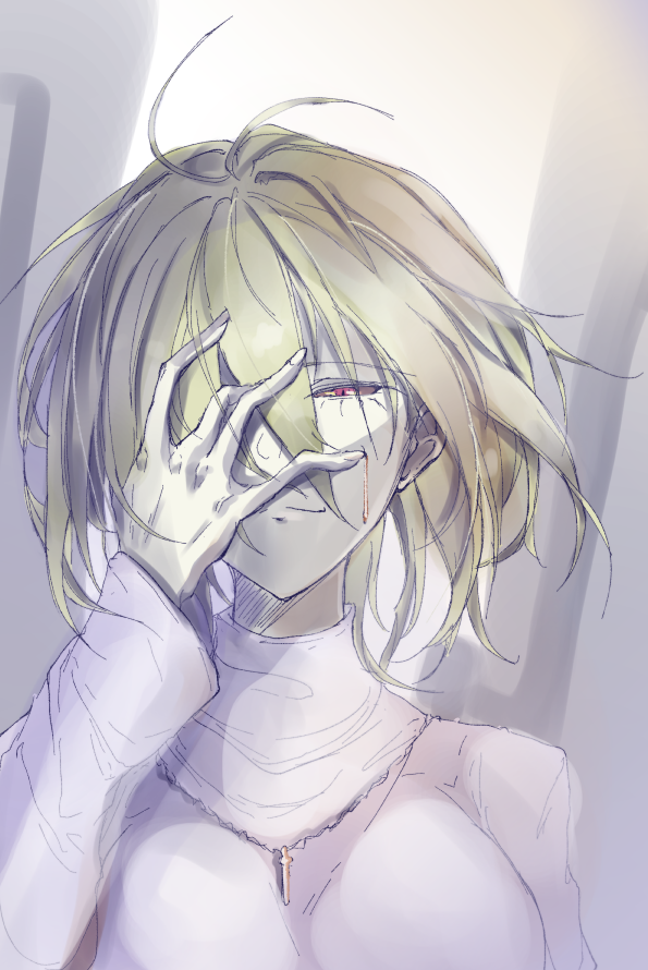 1girl, ahoge, arcueid_brunestud, blonde_hair, blood, blood_on_face, breasts, commentary