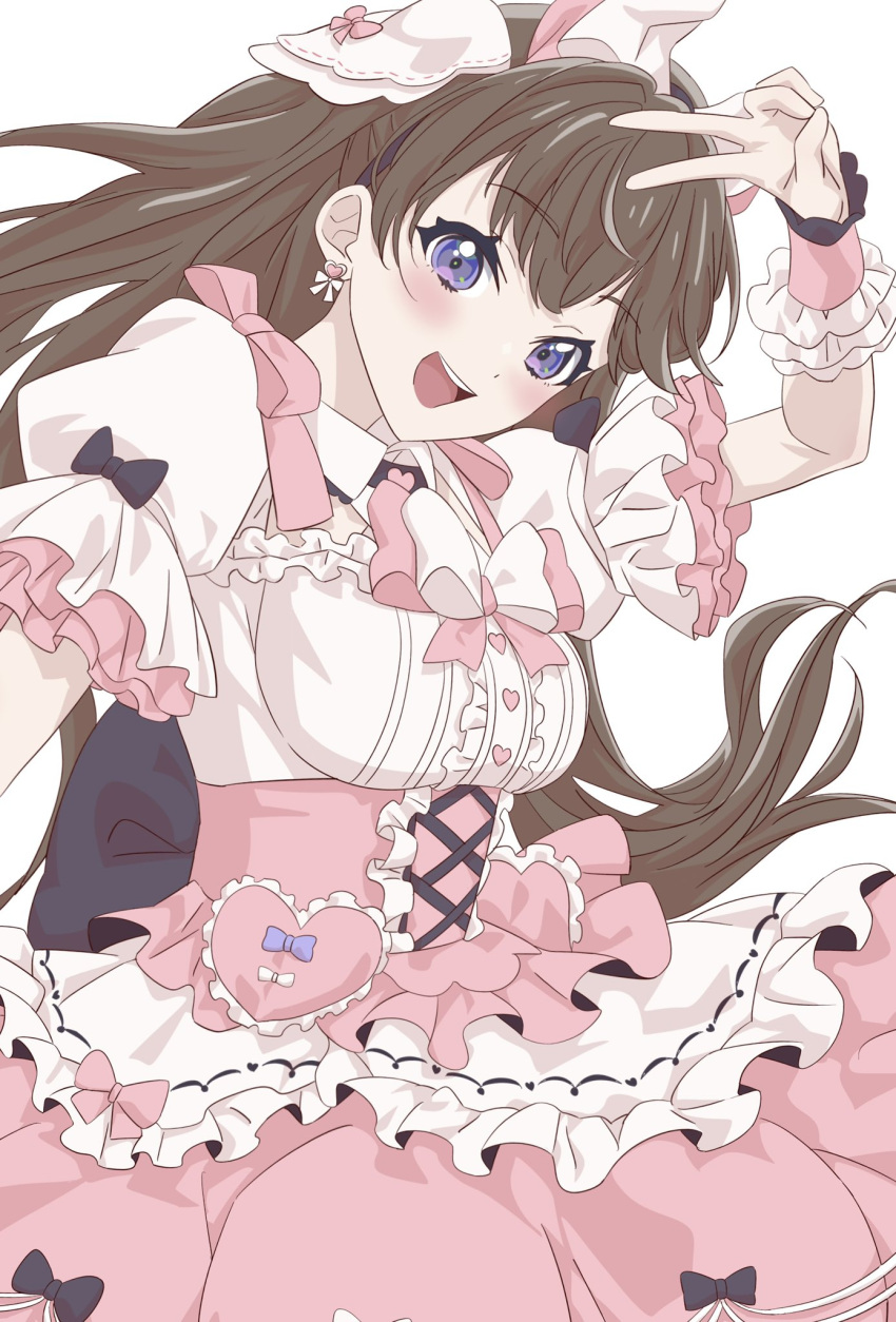 1girl, :d, bow, breasts, brown_hair, center_frills, commentary, cowboy_shot
