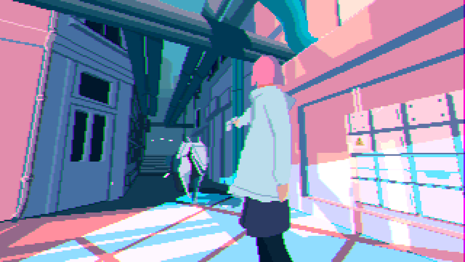 1girl, aiming, alley, animated, animated_gif, apo_(rairaru20001), black_leggings, blue_eyes