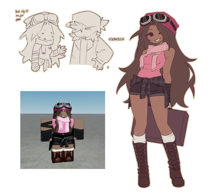 1boy, 1girl, air_zizon, beanie, black_shirt, block_tales, boots, brown_boots