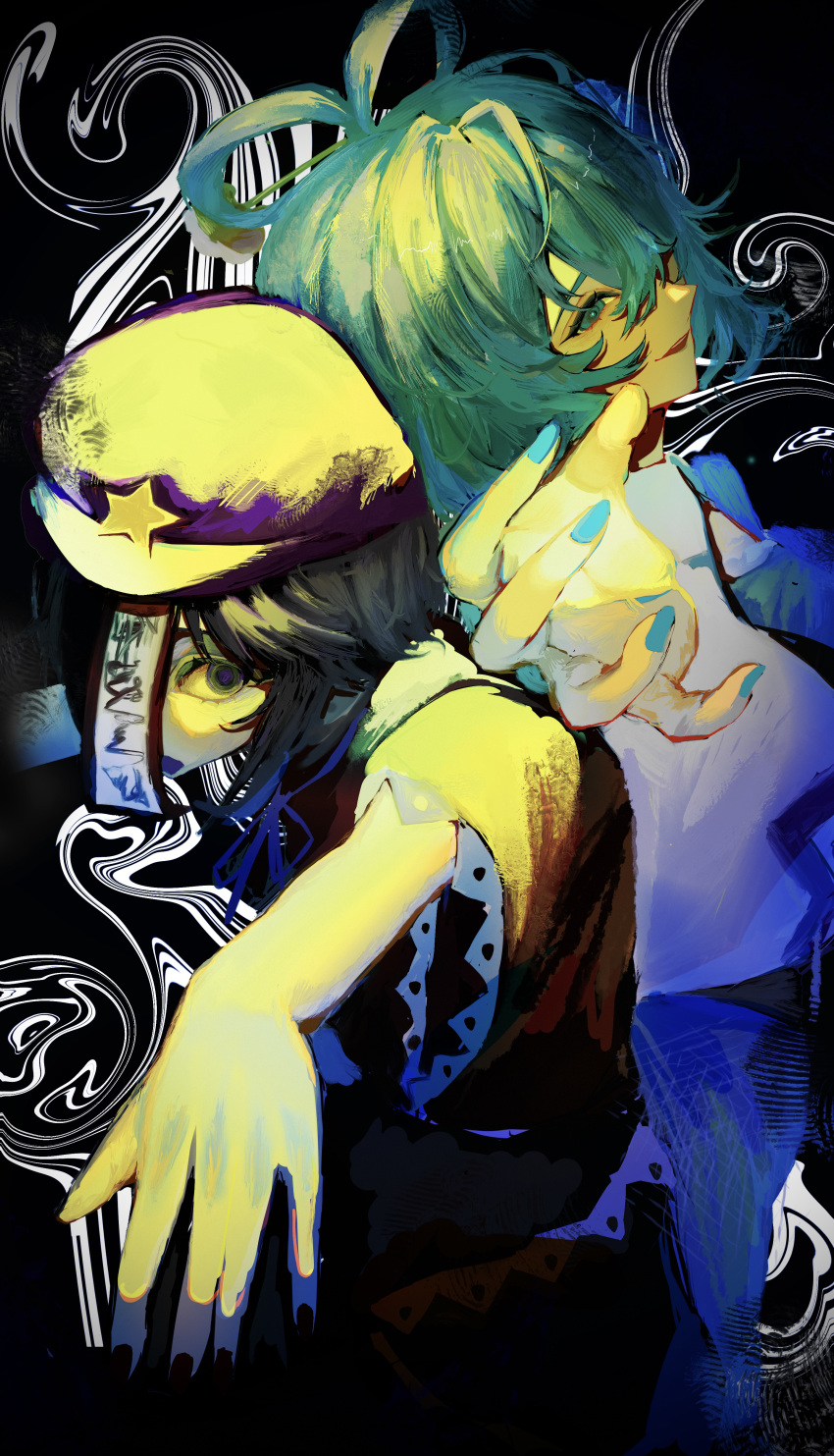 2girls, abstract_background, absurdres, back-to-back, black_background, black_eyes, black_hair, black_nails