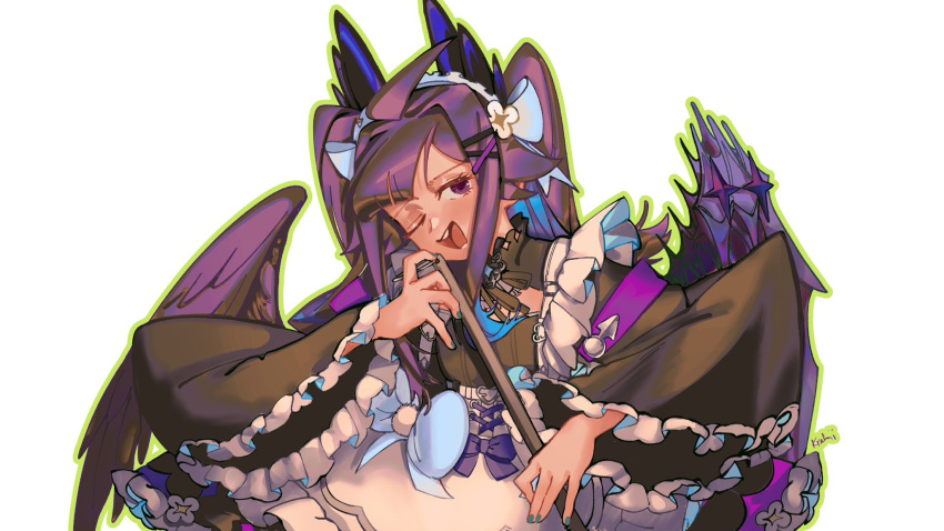 1girl, ;d, ahoge, aqua_nails, artist_name, buck_teeth, english_commentary, enna_alouette