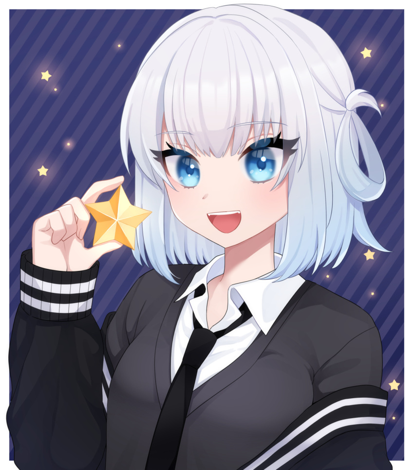 1girl, black_jacket, black_necktie, black_sweater_vest, blue_background, blue_hair, blush, bob_cut