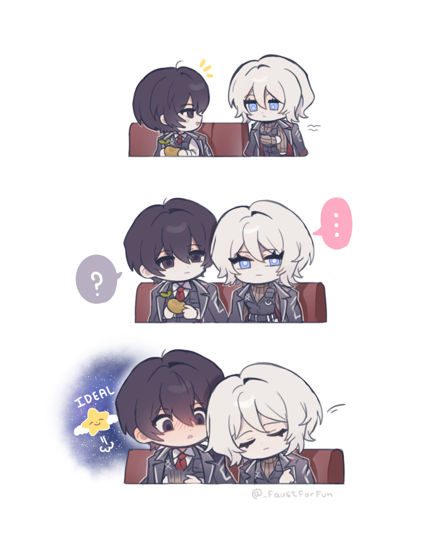 ..., 1boy, 1girl, ?, black_coat, black_vest, blue_eyes, blush