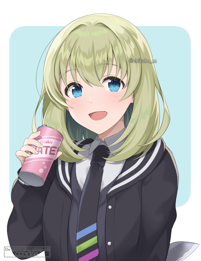 1girl, aqua_background, arm_behind_back, black_jacket, black_necktie, black_sweater_vest, blue_eyes, blush