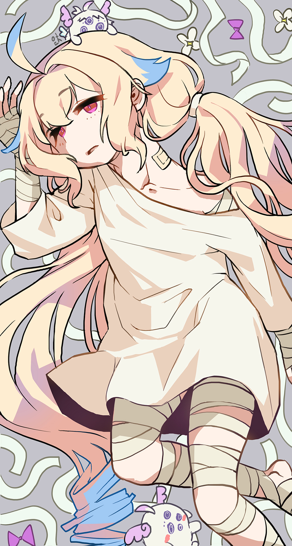 1girl, ahoge, aloupeep_(enna_alouette), bandage_on_neck, bandaged_arm, bandaged_leg, bandages, blonde_hair, blue_hair, collarbone, edich, enna_alouette, expressionless, hashtag-only_commentary, highres, hospital_gown, long_hair, low_twintails, multicolored_hair, nijisanji, nijisanji_en, red_eyes, single_off_shoulder, solo_focus, twintails, two-tone_hair, very_long_hair, virtual_youtuber