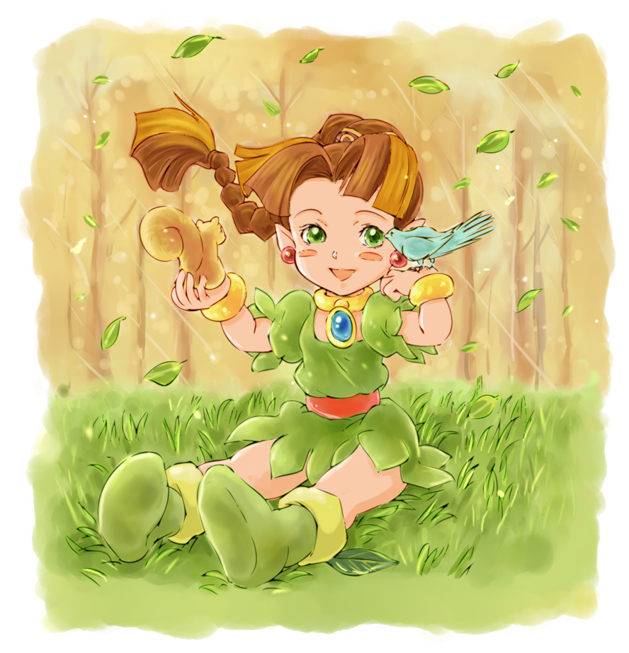 :d, animal, bird, blush, boots, bracelet, braid, brown_hair