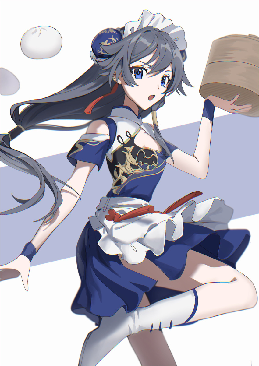 1girl, absurdres, apron, bamboo_steamer, blue_dress, blue_eyes, boots, bun_cover