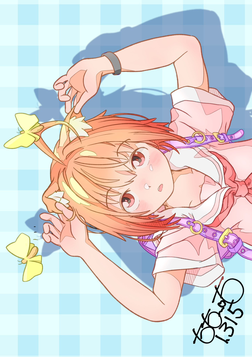 1girl, animal, animal_ear_fluff, animal_ears, armlet, arms_up, artist_name, backpack