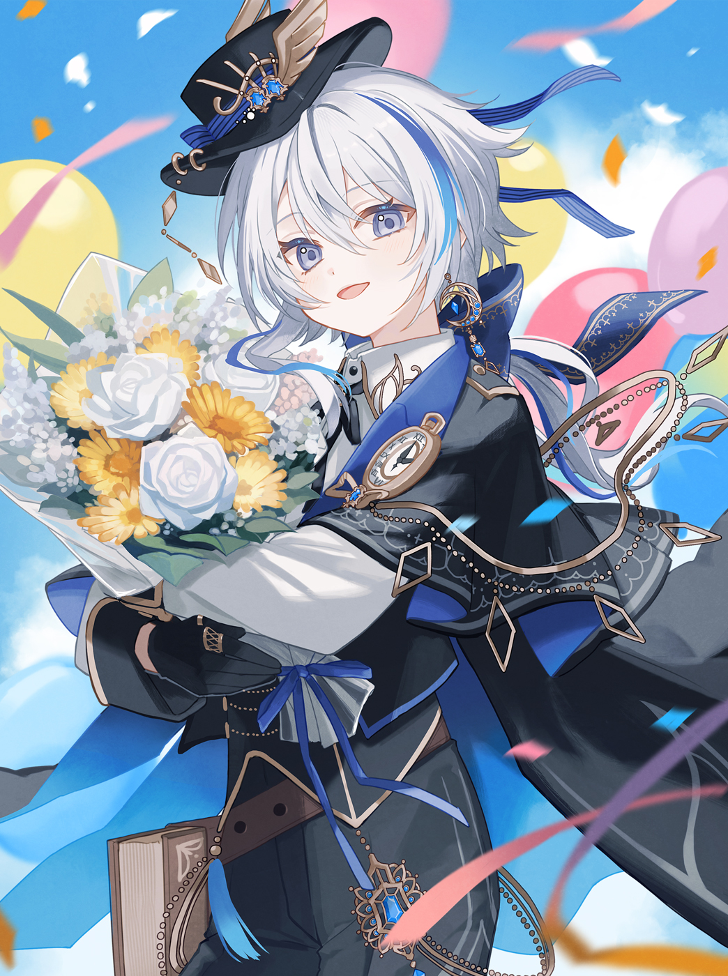 1boy, balloon, belt, black_gloves, blue_eyes, blue_sky, blue_streak, book