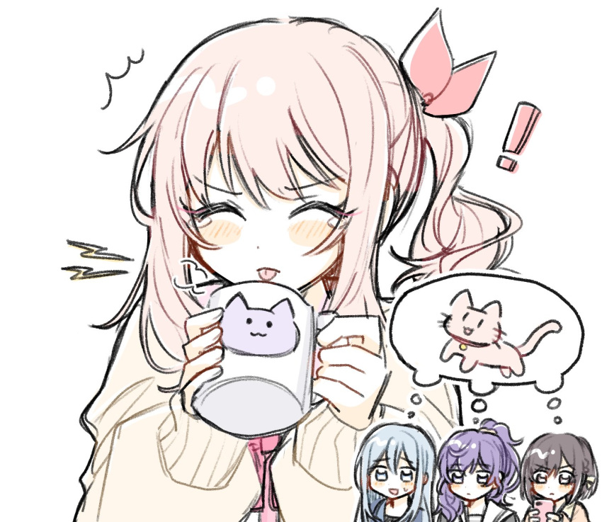 !, 1other, 25-ji_nightcord_de._(project_sekai), 3girls, :d, :p, ^^^, ^_^, akiyama_mizuki, animal_print, asahina_mafuyu, blush, bow, bowtie, cardigan, cat, cat's_tongue, cat_print, closed_eyes, closed_mouth, coffee_mug, commentary, cup, grey_hair, highres, holding, holding_cup, lightning_bolt_symbol, long_sleeves, mug, multiple_girls, open_mouth, oriochan0203, pink_hair, ponytail, print_mug, project_sekai, purple_hair, raised_inner_eyebrows, red_bow, red_bowtie, shared_thought_bubble, shinonome_ena, side_ponytail, sidelocks, smile, speech_bubble, spoken_animal, sweatdrop, thought_bubble, tongue, tongue_out, v-shaped_eyebrows, yellow_cardigan, yoisaki_kanade