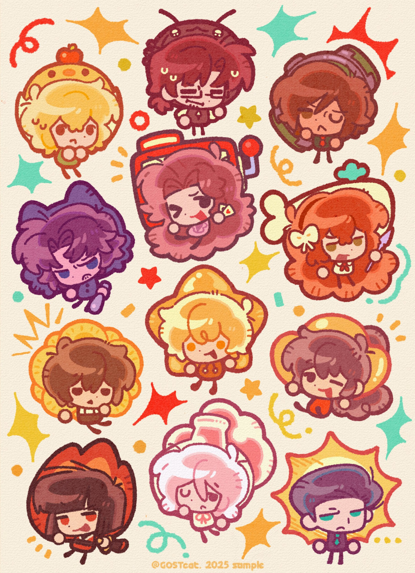 6+boys, 6+girls, :<, absurdres, black_eyes, black_hair, bow, brown_eyes