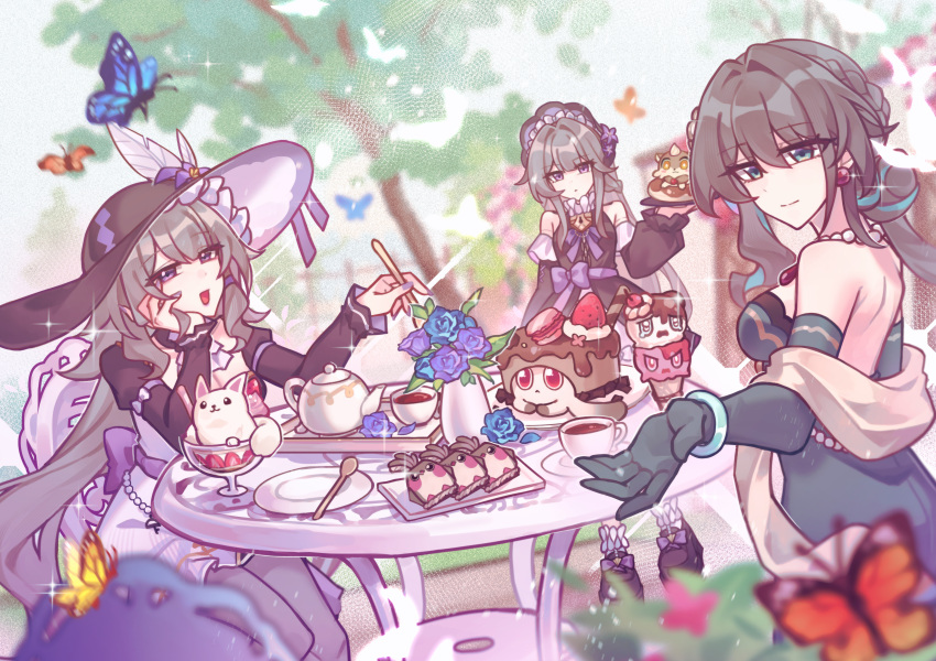 3girls, absurdres, alternate_costume, aqua_eyes, aqua_streaks, black_hair, bonnet, bow