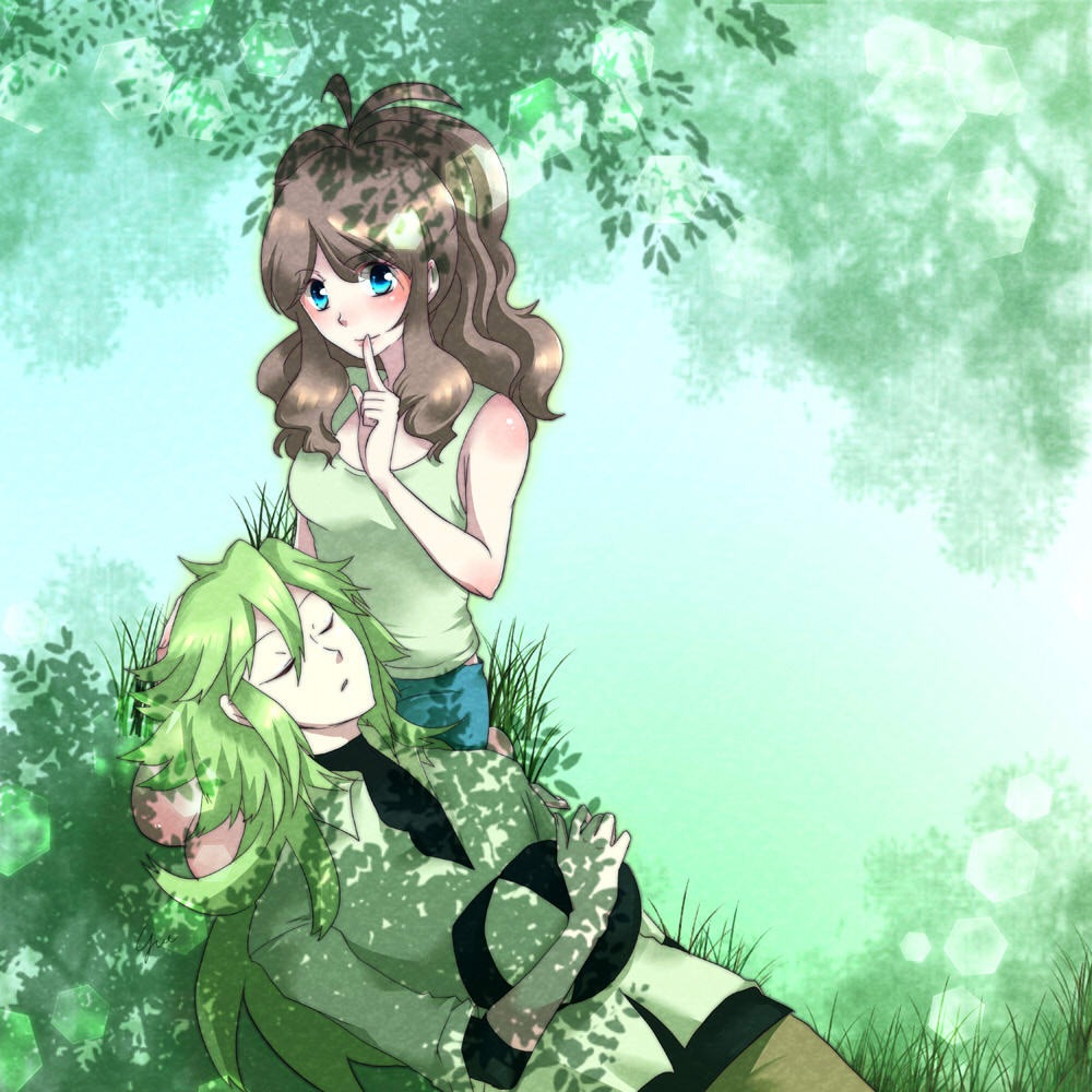 brown_hair, closed_eyes, eyes_closed, green_hair, hat, lap_pillow, long_hair, n_(pokemon), pokemon, pokemon_(game), pokemon_black_and_white, pokemon_bw, ponytail, sleeping, touko_(pokemon), yue47