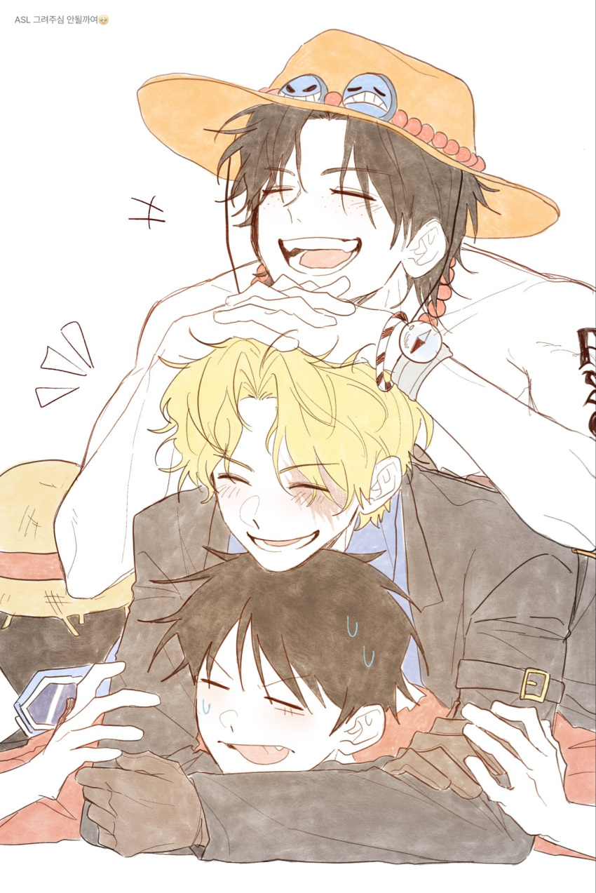 +++, 3boys, :p, arm_belt, arm_tattoo, belt, belt_buckle, black_coat, black_hair, brothers, buckle, coat, commentary_request, hands_on_another's_head, hat, highres, jewelry, kkong_giii1, korean_commentary, laughing, log_pose, male_focus, monkey_d._luffy, multiple_boys, necklace, one_piece, open_mouth, own_hands_together, portgas_d._ace, red_shirt, sabo_(one_piece), scar, scar_across_eye, scar_on_face, shirt, siblings, simple_background, smile, straw_hat, tattoo, teeth, tongue, tongue_out, topless_male, unworn_hat, unworn_headwear, white_background