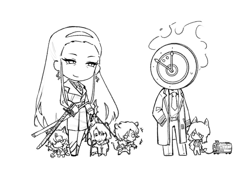 1boy, 1other, 4girls, clock, closed_mouth, coat, collared_shirt, commentary_request