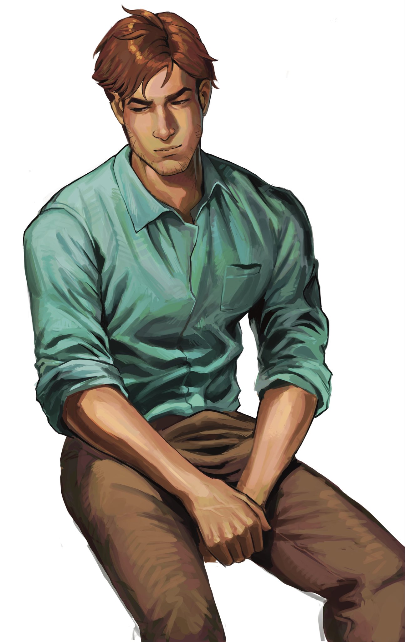 1boy, blue_shirt, breast_pocket, brown_eyes, brown_hair, brown_pants, closed_mouth, collared_shirt