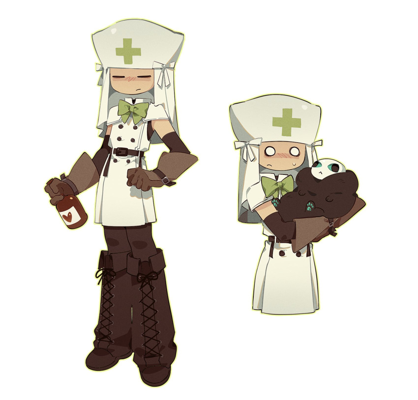 1girl, air_zizon, belt, boots, bow, bowtie, brown_belt, brown_boots, brown_gloves, brown_pantyhose, capelet, caretaker_(die_of_death), commentary_request, die_of_death, dress, gloves, green_bow, green_bowtie, highres, holding_potion, korean_commentary, multiple_views, pantyhose, pursuer_(die_of_death), ribbon, roblox, simple_background, veil, white_background, white_capelet, white_dress, white_ribbon, white_veil