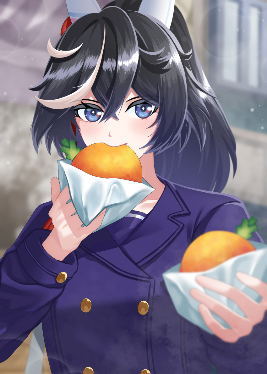 1girl, absurdres, animal_ears, bbreaad, black_hair, blue_coat, blue_eyes, blush