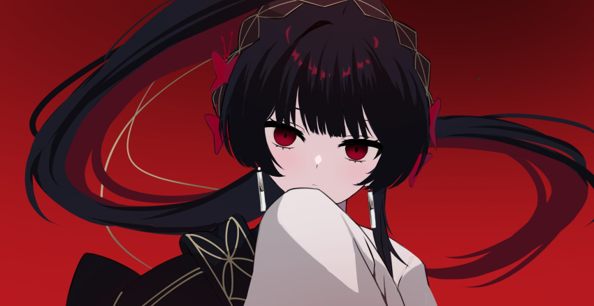 1girl, black_hair, blunt_bangs, closed_mouth, earrings, empty_eyes, expressionless, floating_hair
