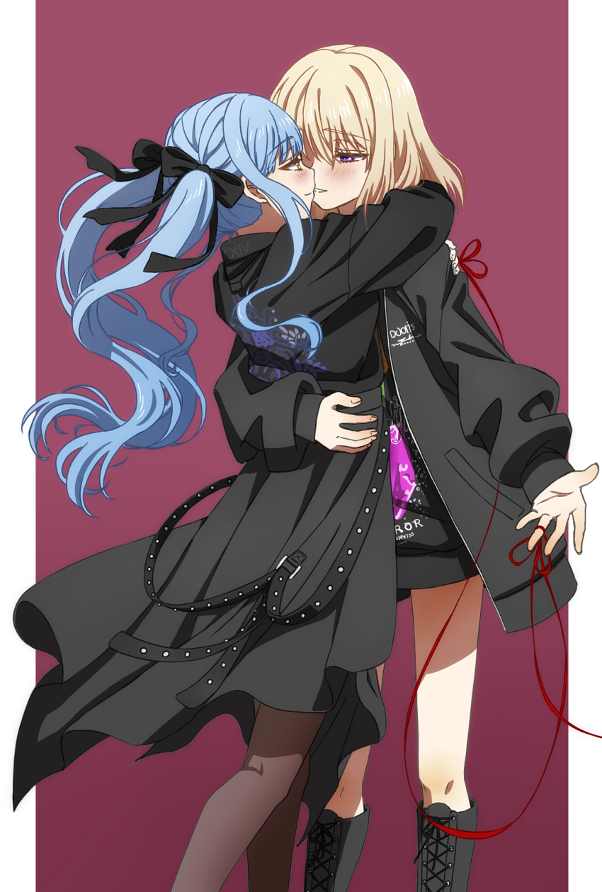 2girls, arms_around_neck, bang_dream!, bang_dream!_it's_mygo!!!!!, black_boots, black_coat, black_jacket, black_pantyhose, black_ribbon, black_shirt, blonde_hair, blue_hair, blush, boots, closed_mouth, coat, commentary, hair_ribbon, highres, jacket, medium_hair, misumi_uika, multiple_girls, pantyhose, parted_lips, ribbon, shirt, smile, string, string_of_fate, togawa_sakiko, two_side_up, violet_eyes, yellow_eyes, yuri, yuyu_(oiun461)