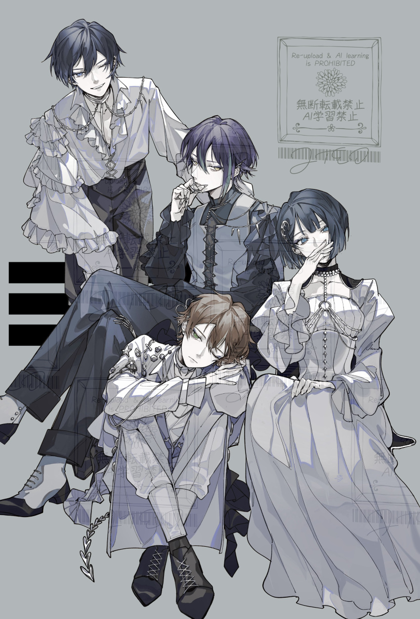 1girl, 3boys, ;d, absurdres, akuma_no_odorikata_(vocaloid), april_fools, black_hair, black_pants