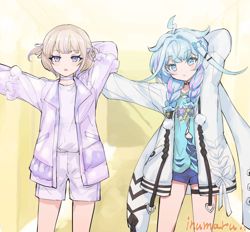 2girls, ahoge, black_choker, blonde_hair, blue_eyes, blue_hair, braid, choker, commentary_request, highres, hololive, hololive_dev_is, jacket, lightning_ahoge, looking_at_viewer, mizumiya_su, mizumiya_su_(1st_costume), multicolored_hair, multiple_girls, o-ring, o-ring_choker, oddloop, purple_hair, quizmaster, shirt, short_hair, standing, streaked_hair, todoroki_hajime, todoroki_hajime_(1st_costume), two_side_up, violet_eyes, virtual_youtuber, white_shirt