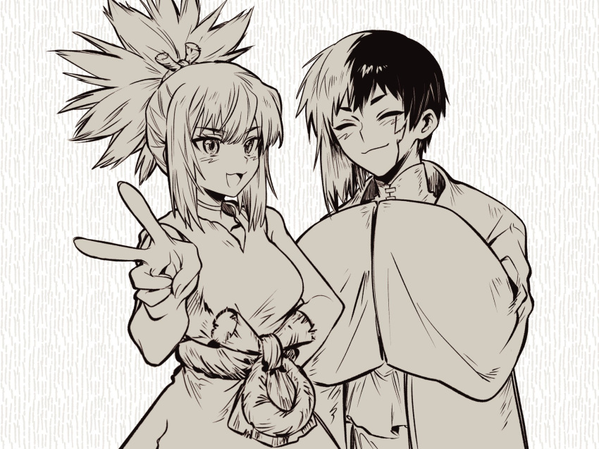 1boy, 1girl, :3, asagiri_gen, blush, breasts, burn_scar, chinese_clothes