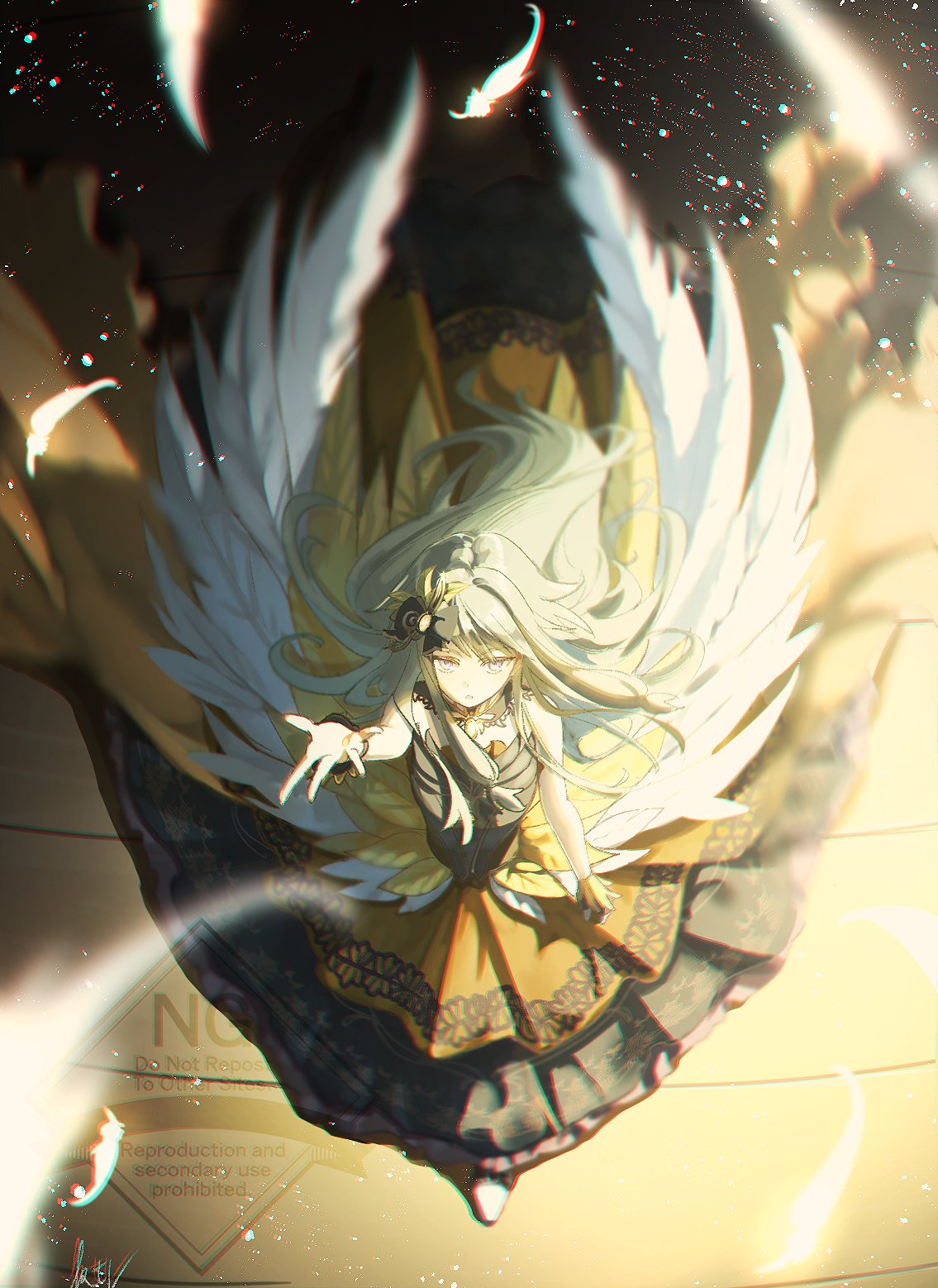 1girl, bare_shoulders, black_bow, black_dress, bow, choukoku_no_protagonist_(project_sekai), chromatic_aberration, commentary