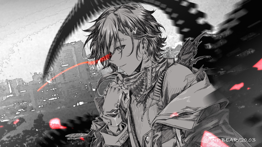 1boy, anti-eyebrow_piercing, asymmetrical_hair, building, commentary, drawstring, ear_piercing, earrings