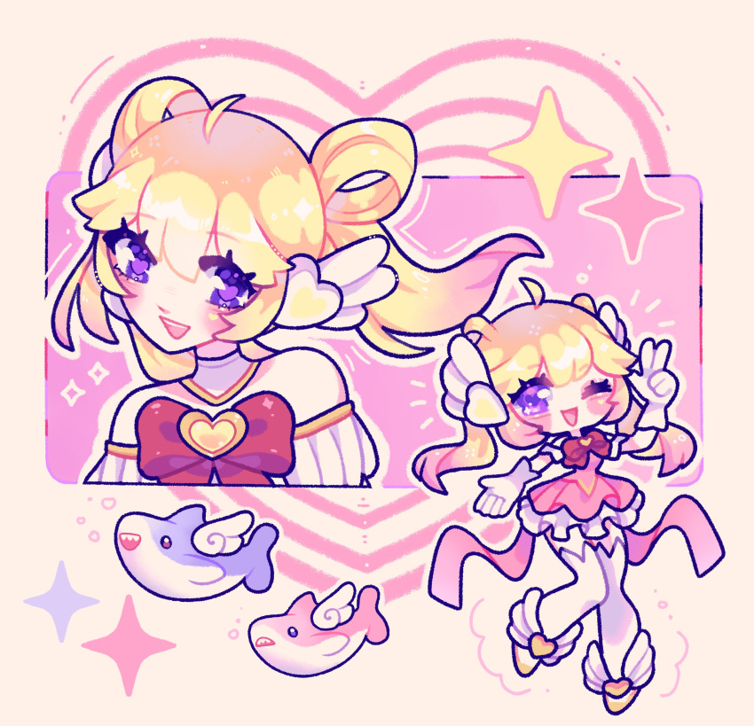 1girl, absurdres, bare_shoulders, blonde_hair, bow, chibi, commentary, dress, english_commentary, gloves, hair_ornament, heart, heart_of_hope_juno, highres, juno_(overwatch), long_hair, magical_girl, multicolored_hair, official_alternate_costume, overwatch, pink_bow, shark, smile, solo, violet_eyes, white_gloves, wings