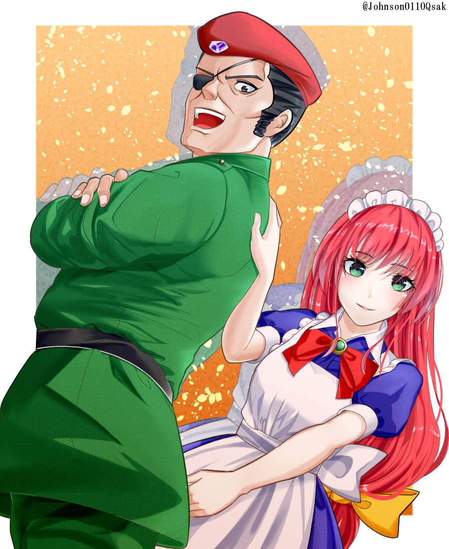 1boy, 1girl, apron, beret, black_eyes, black_hair, blue_dress, bow