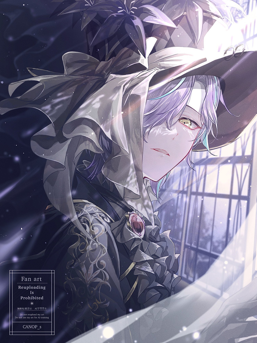 1boy, ascot, black_ascot, black_flower, black_hat, black_jacket, blue_streaks, canop_s