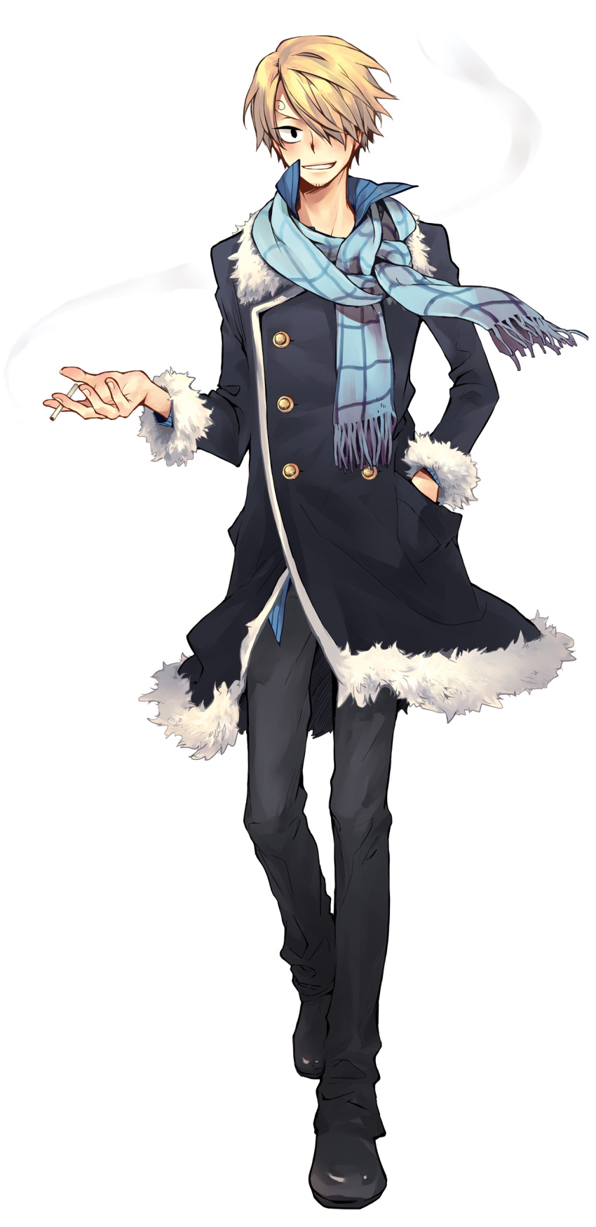 absurdres, black_eyes, black_pants, blonde_hair, blue_shirt, cigarette, coat, full_body, fur_trim, grin, hair_over_one_eye, hand_in_pocket, highres, jacket, long_image, male, one_piece, pants, sanji, scarf, shoes, simple_background, smile, smoke, smoking, solo, standing, tall_image, white_background, yukinell