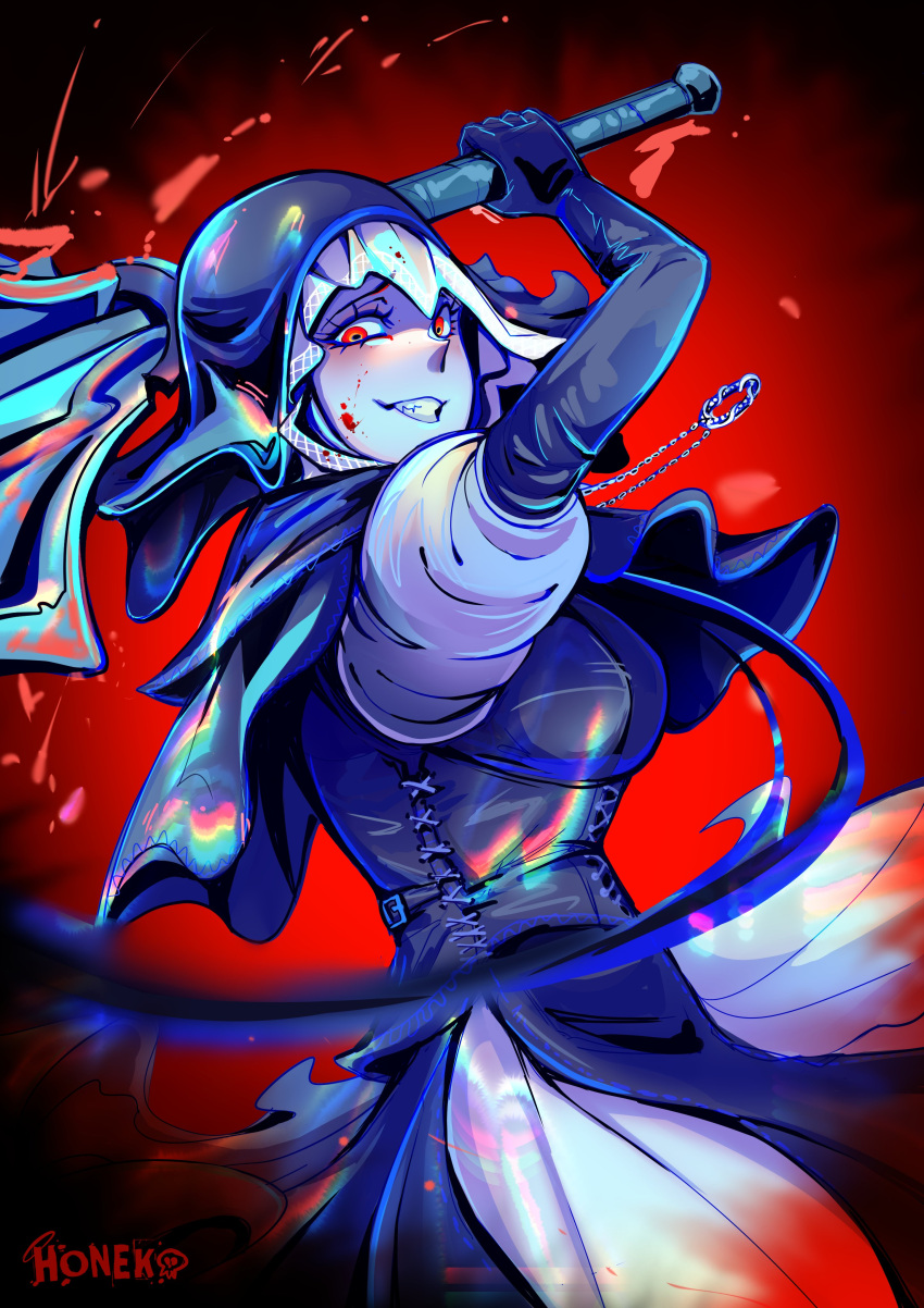 1girl, absurdres, axe, black_dress, blood, blood_on_face, blood_on_weapon, blue_fayt
