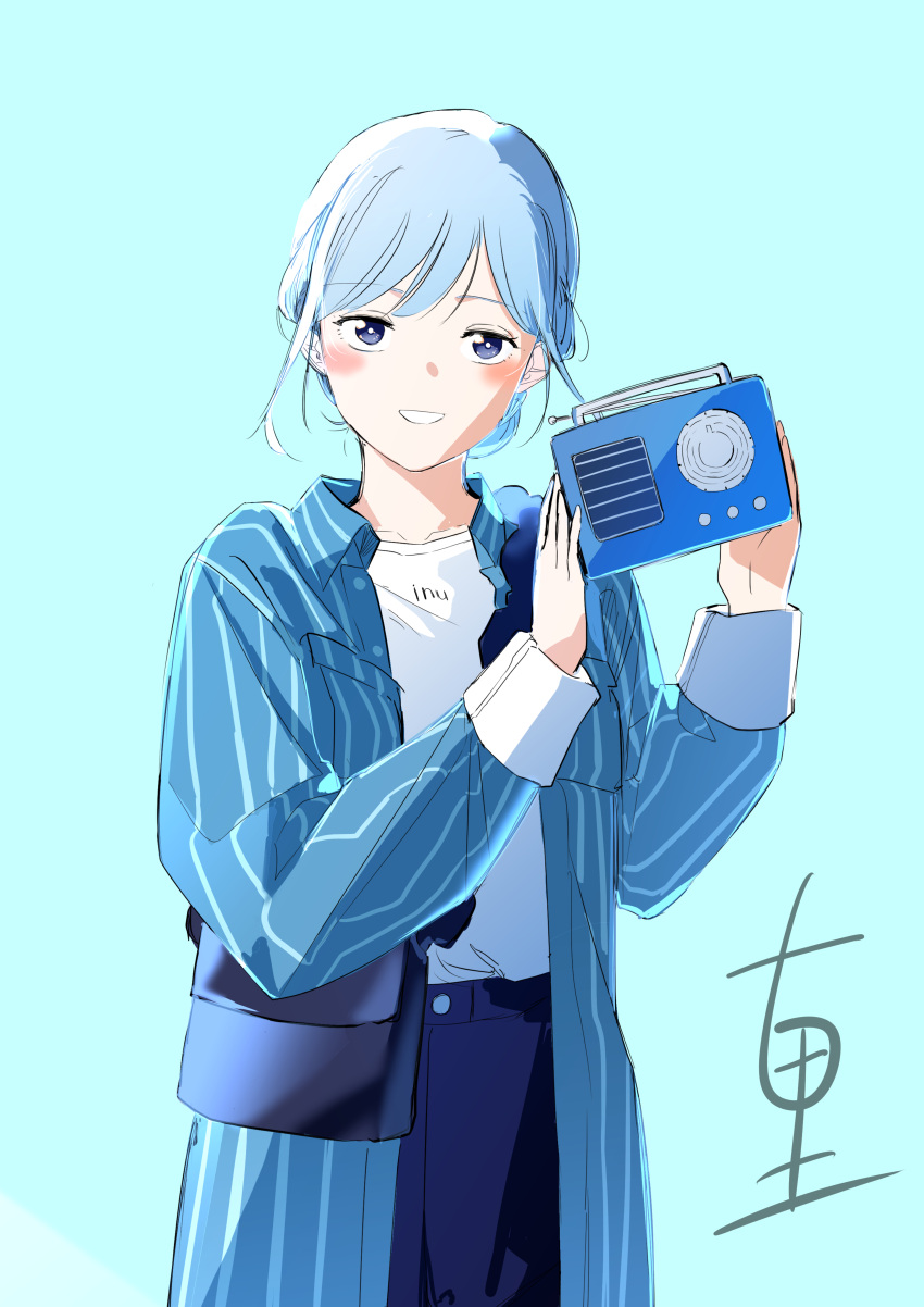 1girl, absurdres, bag, blue_background, blush, coat, fccrcrvim924172, grey_hair