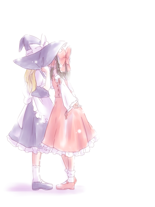 arms_behind_back, black_dress, blonde_hair, bow, brown_hair, detached_sleeves, dress, hair_bow, hair_tubes, hakurei_reimu, hat, hat_pull, hat_tug, japanese_clothes, kirisame_marisa, kiss, miko, mizuki_riko, multiple_girls, red_dress, touhou, witch, witch_hat, yuri