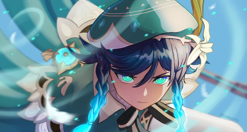 1boy, aqua_eyes, beret, blue_hair, braid, cape, closed_mouth, commentary, english_commentary, flower, genshin_impact, glowing, glowing_eyes, gradient_hair, green_cape, hair_between_eyes, hat, highres, icelectricspyro, looking_ahead, male_focus, multicolored_hair, pantyhose, solo, twin_braids, twitter_username, venti_(genshin_impact), white_flower, white_pantyhose, wind