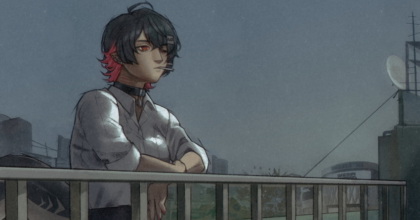 1girl, against_railing, black_choker, black_hair, building, choker, colored_inner_hair, earclip, ellen_joe, ellen_joe_(on_campus), fins, fish_tail, grey_sky, highres, lollipop_in_mouth, looking_ahead, multicolored_hair, official_alternate_costume, outdoors, pendant_choker, qurravis, railing, razor_blade_hair_ornament, red_eyes, scar, scar_on_tail, shark_girl, shark_tail, shirt, shirt_tucked_in, short_hair, sky, sleeves_rolled_up, solo, tail, upper_body, white_shirt, zenless_zone_zero