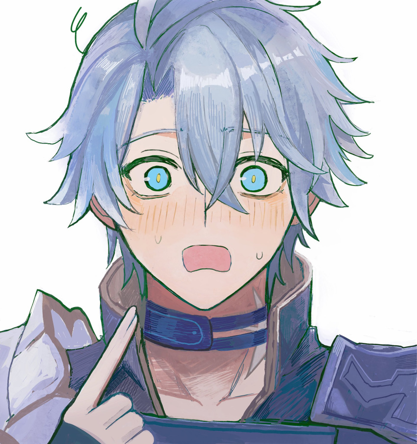 1boy, armor, asatya_ny, black_shirt, blue_eyes, blush, choker, collared_shirt
