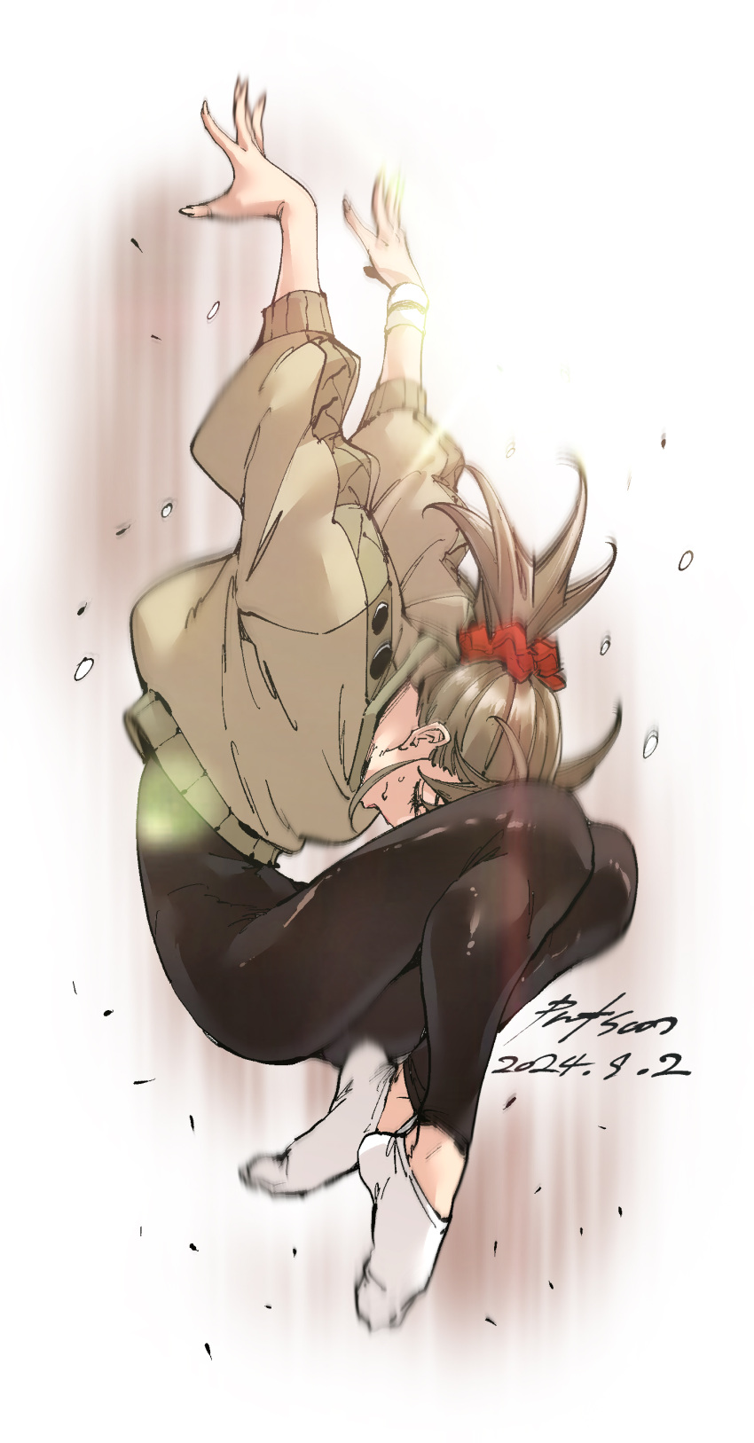 1girl, absurdres, black_unitard, brown_hair, closed_eyes, exercising, full_body, highres