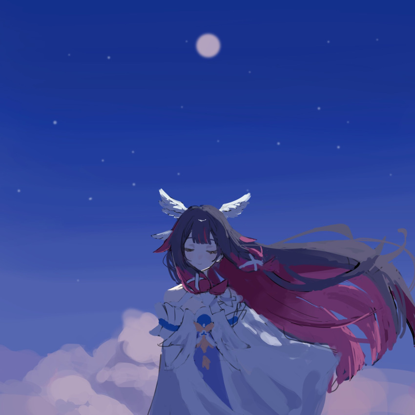 1girl, 624_itumo, bare_shoulders, black_hair, closed_eyes, columbina_(genshin_impact), dress, genshin_impact, hair_ornament, head_wings, highres, long_hair, moon, multicolored_hair, pink_hair, ribbon, sky, solo, streaked_hair, two-tone_hair, very_long_hair, white_dress, wings