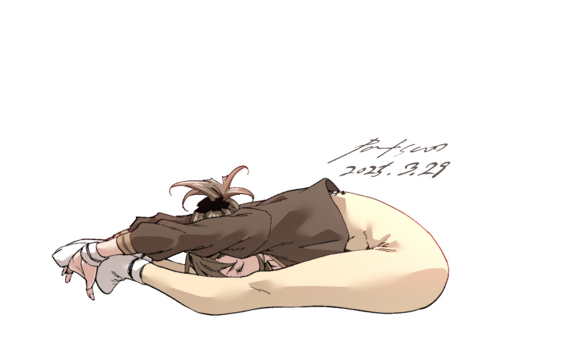 1girl, breasts, brown_hair, closed_eyes, flexible, folded, from_side, full_body