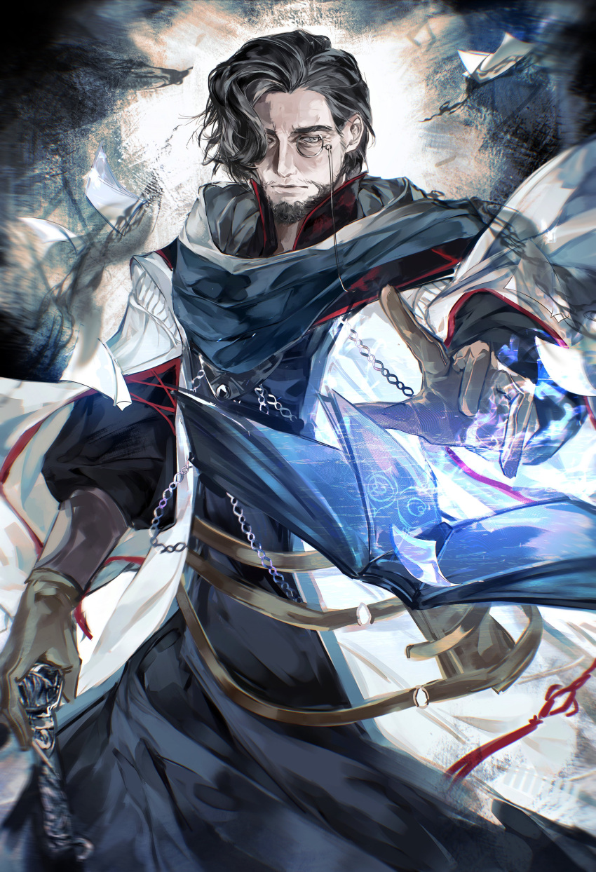 1boy, absurdres, belt, book, cane, coat, commentary, cowboy_shot, elden_ring, elden_ring_nightreign, english_commentary, facial_hair, gameplay_mechanics, gloves, hair_over_one_eye, high_collar, highres, holding, holding_cane, looking_to_the_side, magic, monocle, mustache_stubble, ovolinyu, reaching, scholar_(elden_ring), short_hair, solo, stubble, white_coat