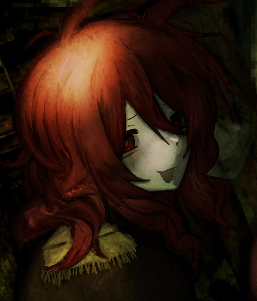 1girl, antenna_hair, black_jacket, colored_skin, commentary, dark, drek2xme, drill_hair