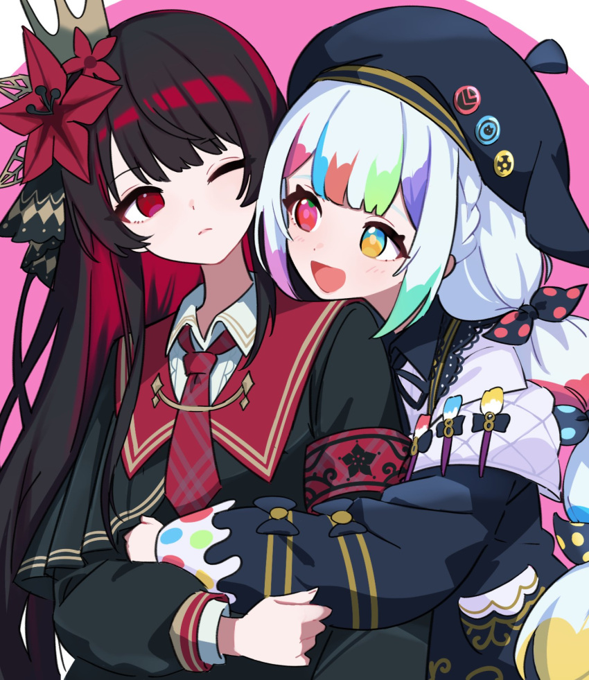 2girls, beret, black_capelet, black_hair, black_jacket, black_shirt, bow, capelet