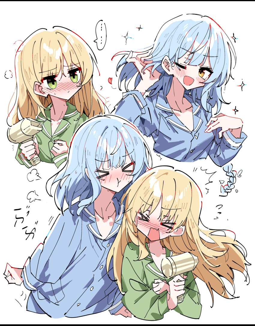 >_<, 2girls, :d, absurdres, alternate_costume, blonde_hair, blue_hair, blue_pajamas
