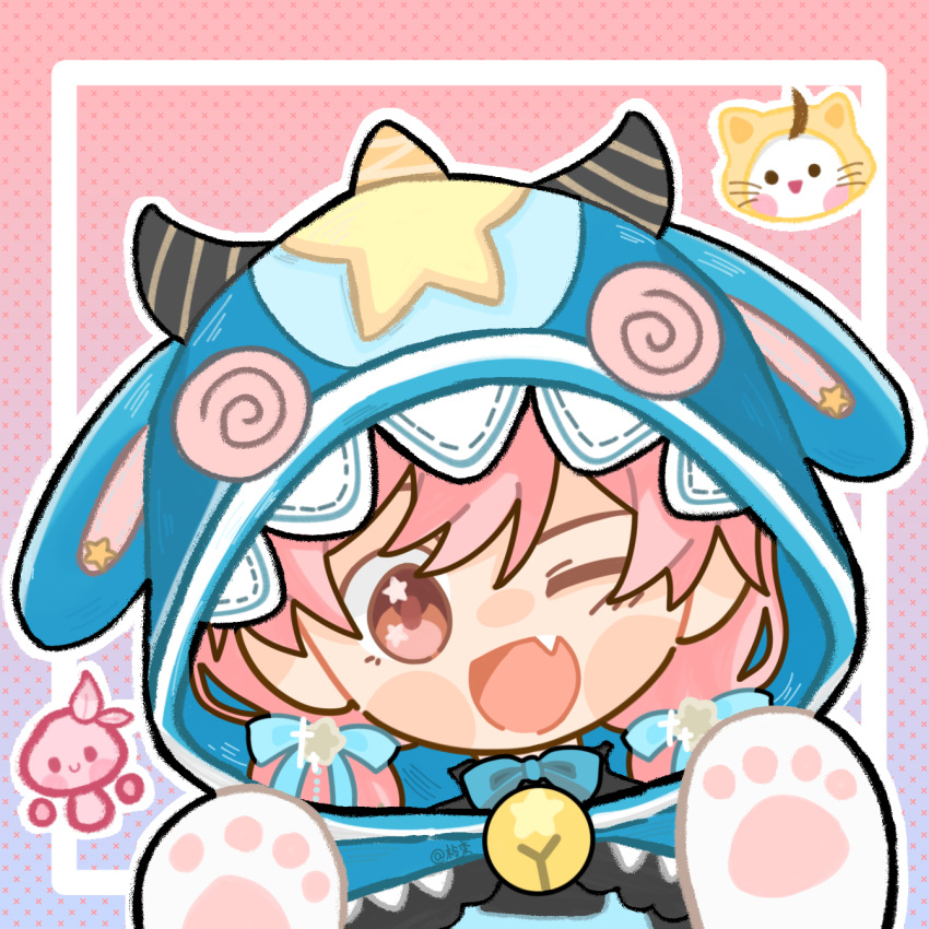 animal_costume, animal_ear_hood, animal_hands, bell, black_horns, black_shirt, blue_bow, blue_bowtie